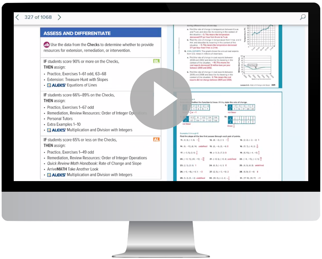 Black flat screen computer monitor | 327 of 1068, ASSESS AND DIFFERENTIATE Use the data from the Checks to determine whether to provide resources for extension, remediation, or intervention. students score 90 % or more on the Checks THEN assign :, Practice, Exercises 1-61 odd, 63-68 Extension : Treasure Hunt with Slopes ALEKS Equations of Lines, students score 66 % -89 % on the Checks THEN assign :, Practice, Exercises 1-67 odd Remediation, Review Resources : Order of Integer Operations Personal Tutors, Extra Examples 1-10 ALEKS Multiplication and Division with Integers, students score 65 % or less on the Checks THEN assign :, Practice, Exercises 1-49 odd Remediation, Review Resources : Order of Integer Operations Quick Review Math Handbook Rate of Change and Slope, ArriveMATH Take Another Look Multiplication and Division with Integers, BL, AL, Find the rate of change in temperature from and 2 and describe its meaning in the context of the means the temperature decreased per hour from, COAL EXPORTS The graph shows the annual coal from mines in of short, a Find the rate of change in coal exports between 2000 and 2002 and describe meaning in the of the situation exports decreased 10 million per year between 2000 and 2002, Find the rate of change in coal exports between 2005 2006 and describe its meaning in the context of the situation This means the exports did not change between 2005 and 2006, not linear, 2000, 40 30 20