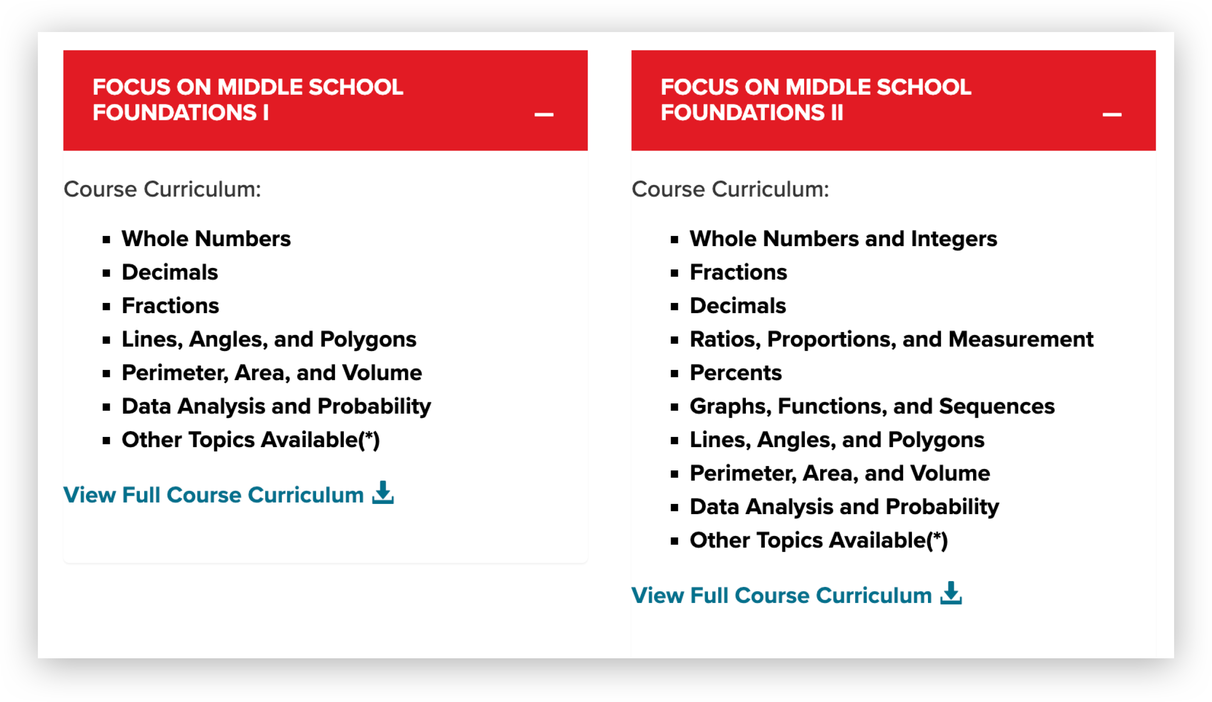 FOCUS ON MIDDLE SCHOOL FOUNDATIONS I, Course Curriculum :, Whole Numbers Decimals Fractions Lines, Angles, and Polygons Perimeter, Area, and Volume Data Analysis and Probability Other Topics Available ( ) View Full Course Curriculum, FOCUS ON MIDDLE SCHOOL FOUNDATIONS II, Course Curriculum :, Whole Numbers and Integers Fractions Ratios, Proportions, and Measurement Percents Graphs, Functions, and Sequences Lines, Angles, and Polygons Perimeter, Area, and Volume, Data Analysis and Probability Other Topics Available ( ), View Full Course Curriculum