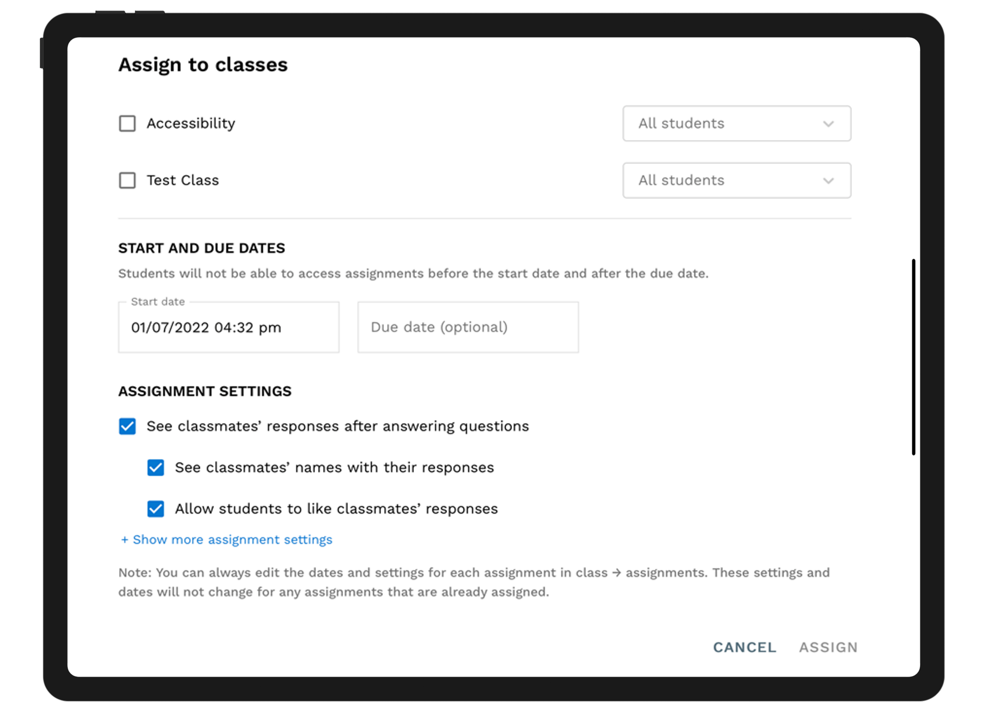 White and blue screen shot | Assign to classes, Accessibility, All students,