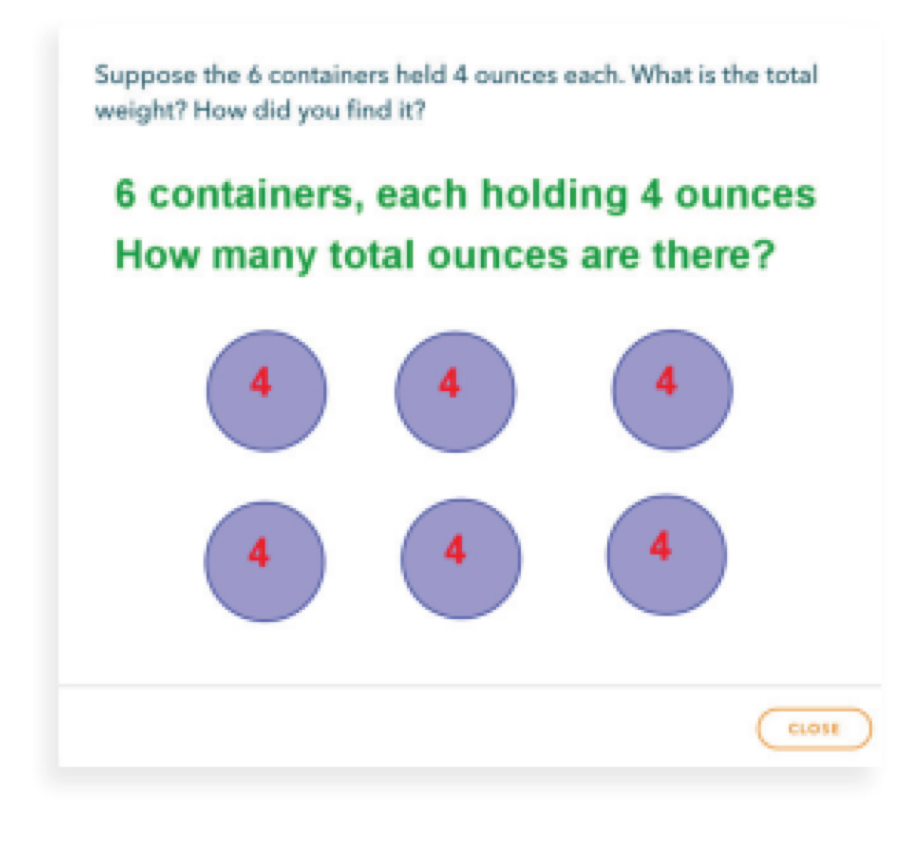 Suppose the containers held 4 ounces each What is the total weight ? How did you find it ?, 6 containers, each holding 4 ounces How many total ounces are there ?, 4