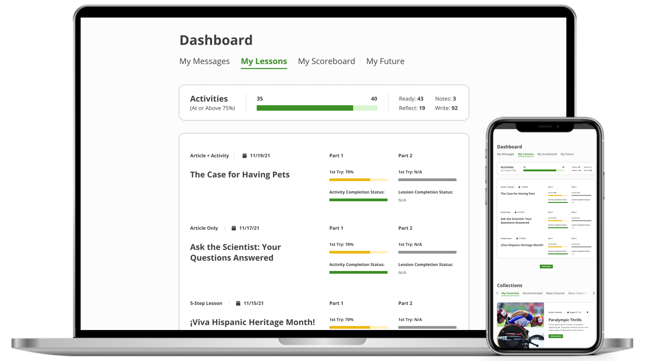 Navigation form and menu (food) | Dashboard, My Messages My Lessons, My Scoreboard My Future, 35, 40, Activities ( At or Above 75 % ), Ready : 43, Notes : 3 Write : 92, Reflect : 19, Dashboard, Article + Activity, 11/19/21, Part 1, Part 2, My Messages My Lessons My Scoreboard My, 40, The Case for Having Pets, 1st Try : 70 %, 1st Try : N / A, Part 2, Activity Completion Status :, Lession Completion Status :, The Case for Having Pets, N / A,. Ask the Scientist : Your Questions Answered, Article Only, 11/17/21, Part 1, Part 2, Part 2, 1st Try : 70 %, 1st Try : N / A, ¡ Viva Hispanic Heritage Month !, Ask the Scientist : Your Questions Answered, Activity Completion Status :, VIEW MORE, Lession Completion Status : N / A, Collections, Favorites Recommended News Channel News Channel, 5 - Step Lesson, 11/15/21, Part 1, Part 2, 1st Try : 70 %, 1st Try : N / A, Paralympic Thrills, ¡ Viva Hispanic Heritage Month !